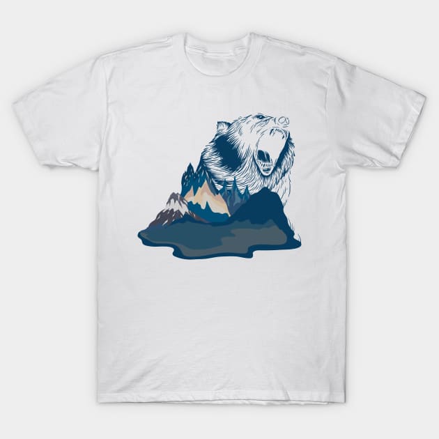 Bear Roaring in Blue Mountain Landscape | Gift Idea for Travelers who love Hiking or Camping | Wanderlust T-Shirt by mschubbybunny